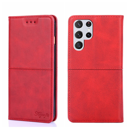Magnetic flip phone case in red cow-textured leather, with camera cutout