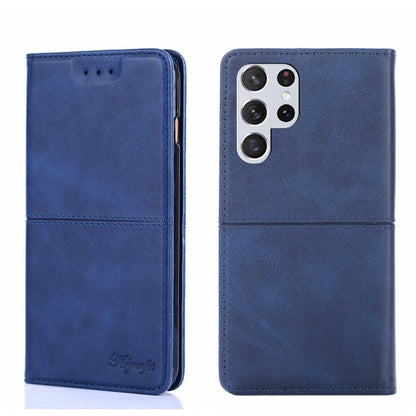 Magnetic flip phone case in blue cow-textured leather, shown front and back