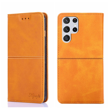 Orange magnetic flip leather phone case with cow-texture look, front and back view