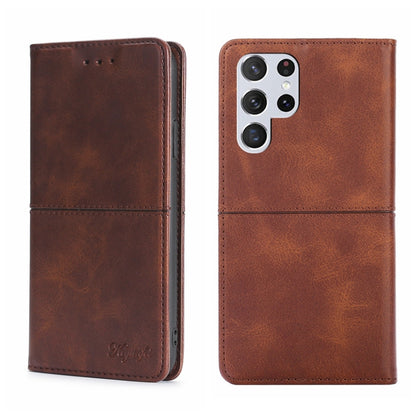 Brown magnetic flip leather phone case with cow-texture look, front and back view