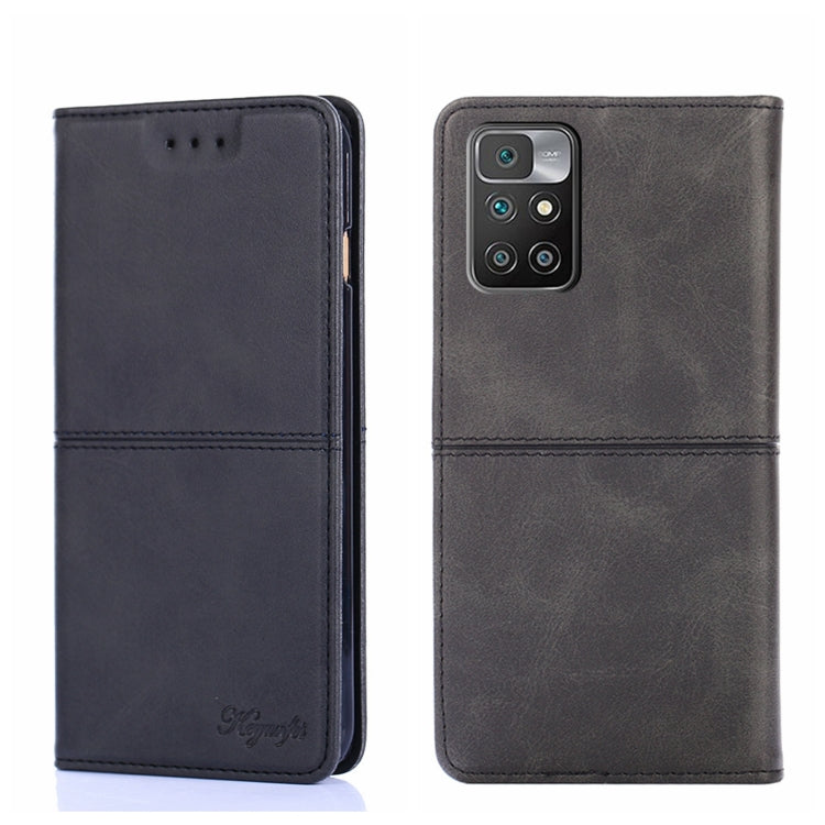 Dark magnetic flip leather phone case with cow-texture look, front and back view