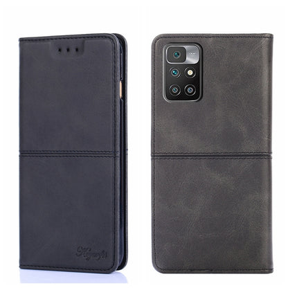Dark magnetic flip leather phone case with cow-texture look, front and back view