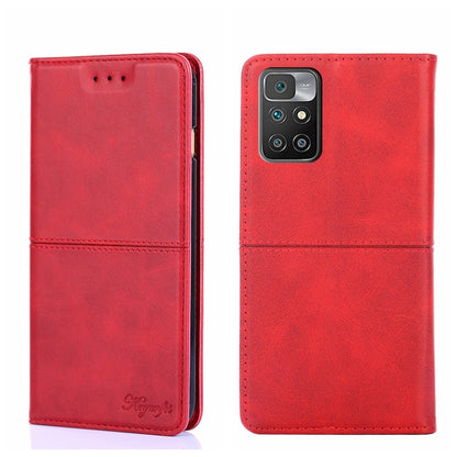 Red magnetic flip leather phone case with cow-texture look, front and back view