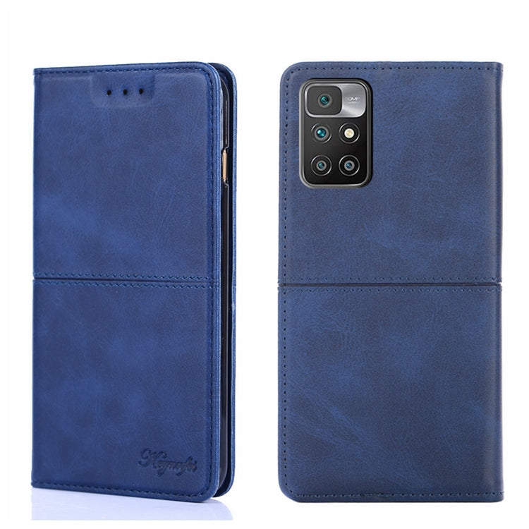 Blue magnetic flip leather phone case with cow-texture look, front and back view