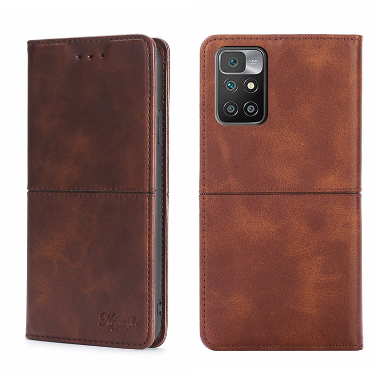 Brown magnetic flip leather phone case with cow-texture look, camera cutout view