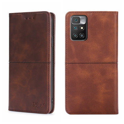 Brown magnetic flip leather phone case with cow-texture look, camera cutout view