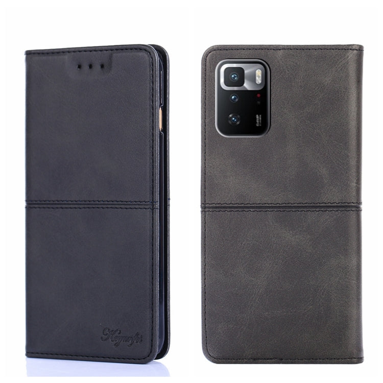 Dark magnetic flip leather phone case with cow-texture look, camera cutout view