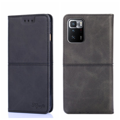 Dark magnetic flip leather phone case with cow-texture look, camera cutout view