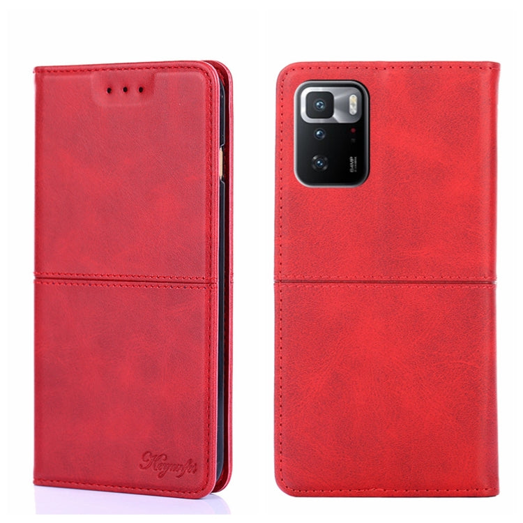 Red magnetic flip leather phone case with cow-texture look, camera cutout view