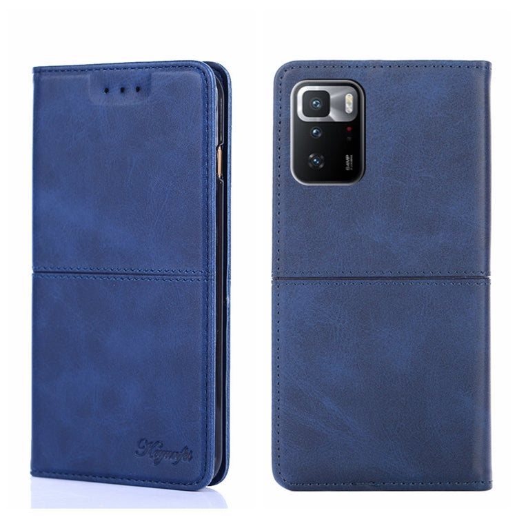 Blue magnetic flip leather phone case with cow-texture look, camera cutout view