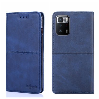 Blue magnetic flip leather phone case with cow-texture look, camera cutout view