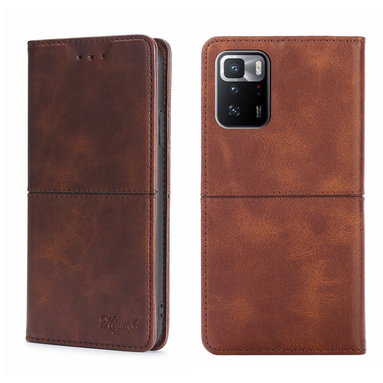 Brown cow-texture magnetic flip phone case with stitched sides and rear camera opening