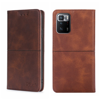 Brown cow-texture magnetic flip phone case with stitched sides and rear camera opening