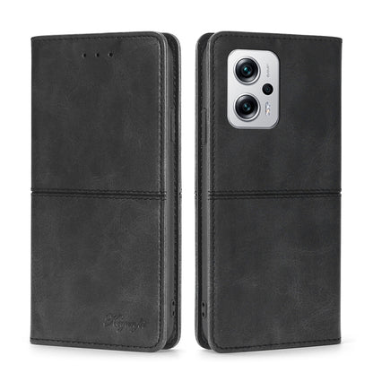 Black cow-texture magnetic flip phone case with stitched seams and camera cutout