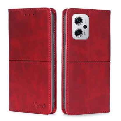 Red cow-texture magnetic flip phone case with stitched seams and rear camera opening