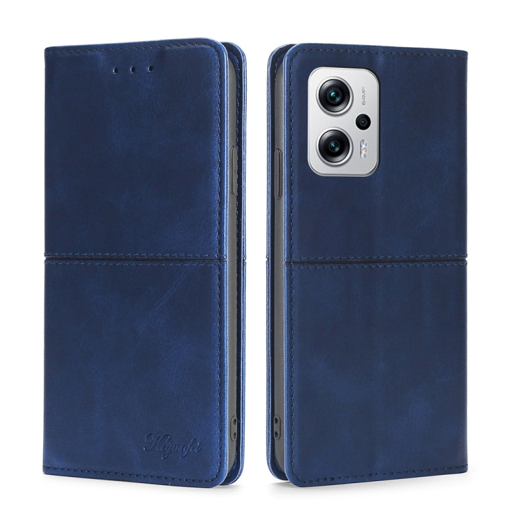 Blue cow-texture magnetic flip phone case with stitched seams and rear camera cutout