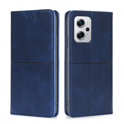 Blue cow-texture magnetic flip phone case with stitched seams and rear camera cutout