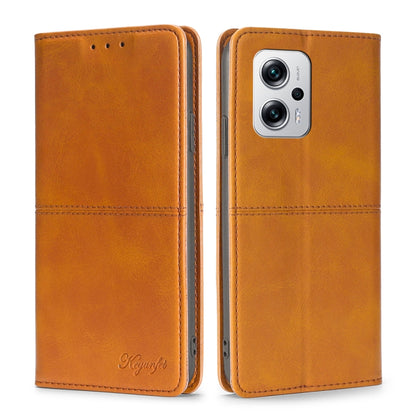 Light brown cow-texture magnetic flip phone case with stitched edges and camera opening