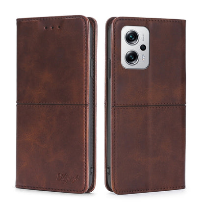 Dark brown cow-texture magnetic flip phone case with stitched seams and rear camera cutout