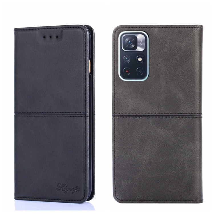 Black cow-textured leather magnetic flip phone case with camera opening and cutouts