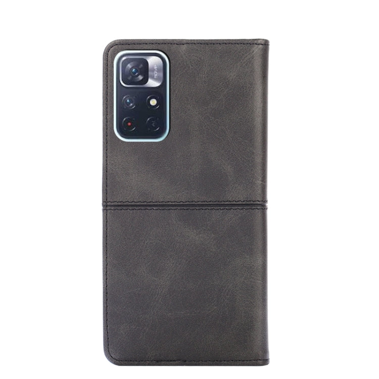 Dark gray cow-textured leather magnetic flip phone case with camera opening and stitching