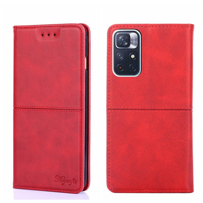 Red cow-textured leather magnetic flip phone case with camera opening and speaker cutouts