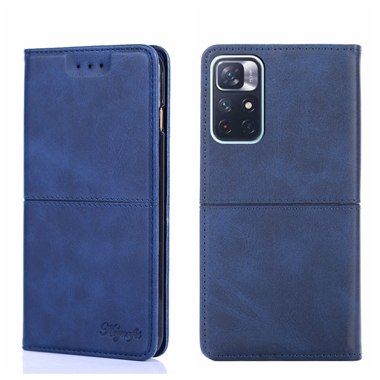 Blue cow-textured leather magnetic flip phone case with camera opening and cutouts