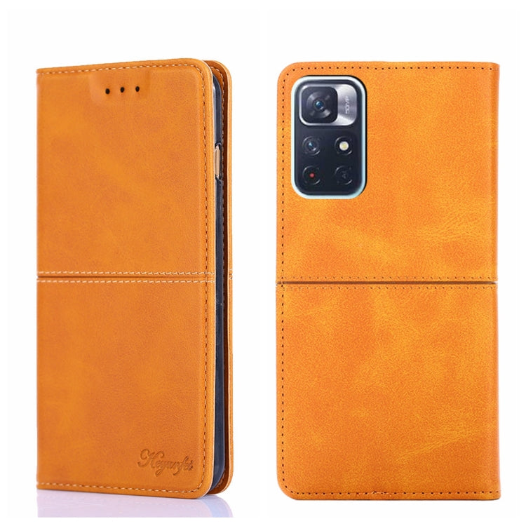 Orange cow-textured leather magnetic flip phone case with camera opening and stitching