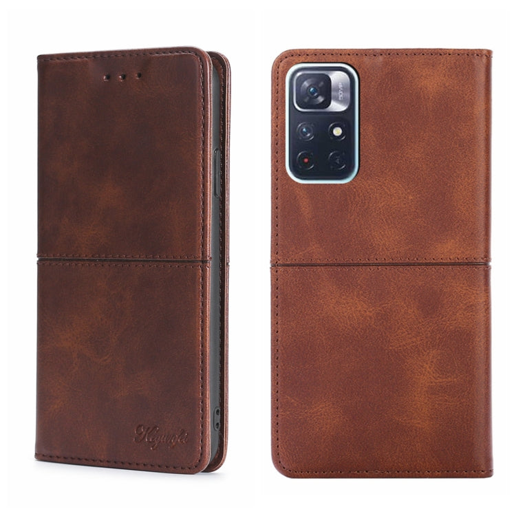 Brown cow-textured leather magnetic flip phone case with camera opening and speaker cutouts