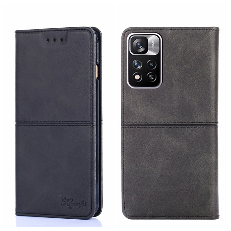 Black cow-textured leather magnetic flip phone case shown front and back with camera cutout