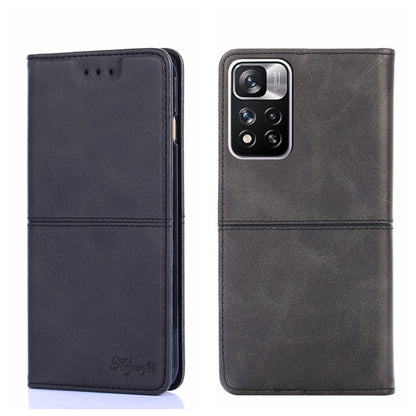 Black cow-textured leather magnetic flip phone case shown front and back with camera cutout