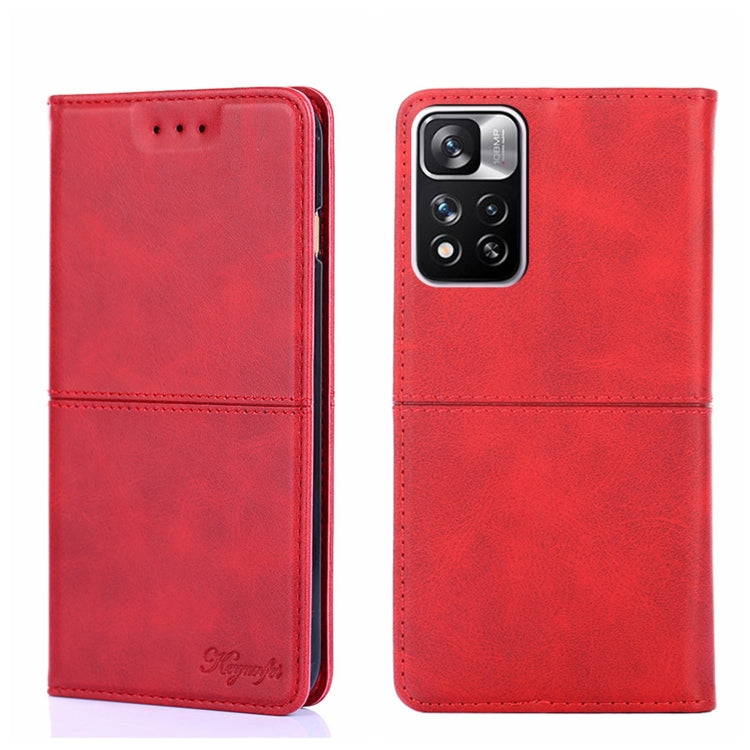Red cow-textured leather magnetic flip phone case with camera opening and stitched edges