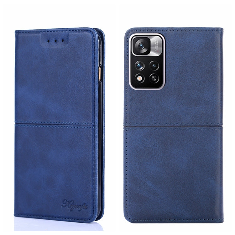 Blue cow-textured leather magnetic flip phone case, front and back views with camera cutout