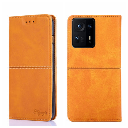 Magnetic flip leather phone case, warm orange leather with stitching and camera cutout