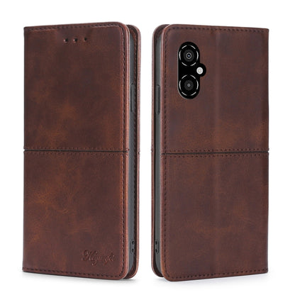 Magnetic flip leather phone case in dark brown with dual camera cutout and strap seam.