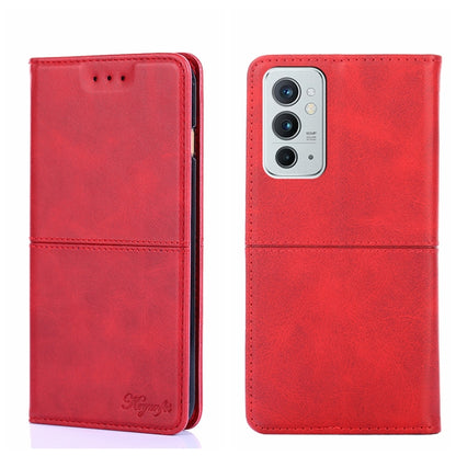Magnetic flip leather phone case in red with triple camera cutout and button cutouts.