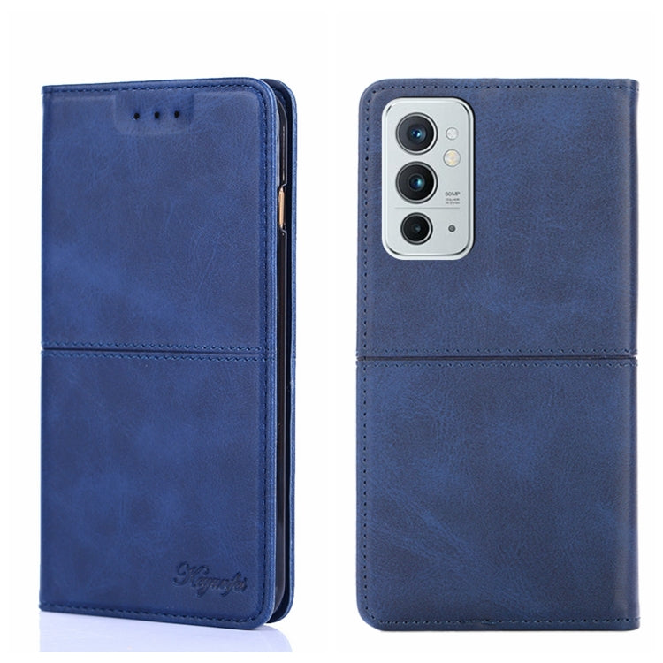 Magnetic flip leather phone case in blue with triple camera cutout and stitched edges.