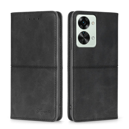 Magnetic flip leather phone case in charcoal black with dual camera cutout and seams.