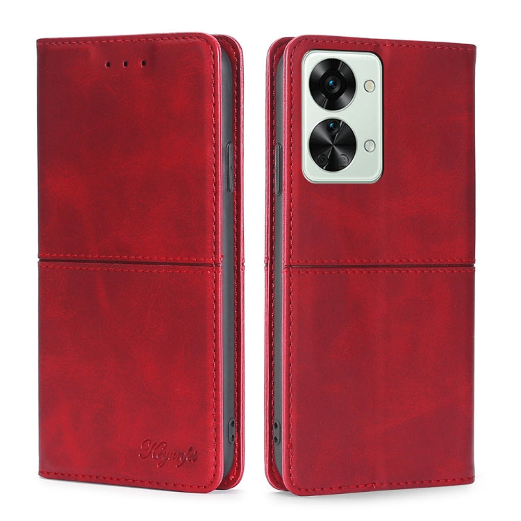 Magnetic flip leather phone case in red with dual camera cutout and stitched panel.