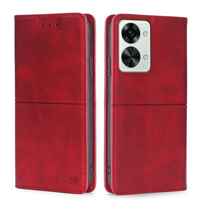 Magnetic flip leather phone case in red with dual camera cutout and stitched panel.