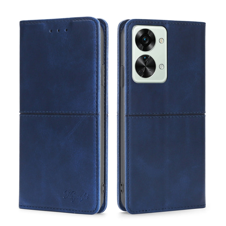Magnetic flip leather phone case in navy blue with triple camera cutout and front flap.