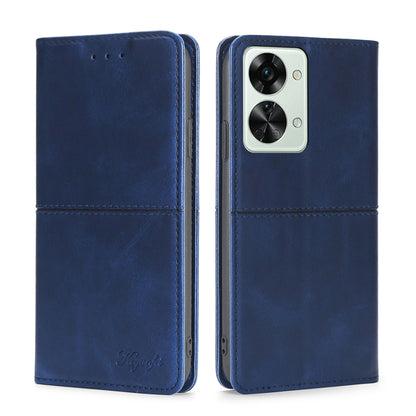 Magnetic flip leather phone case in navy blue with triple camera cutout and front flap.