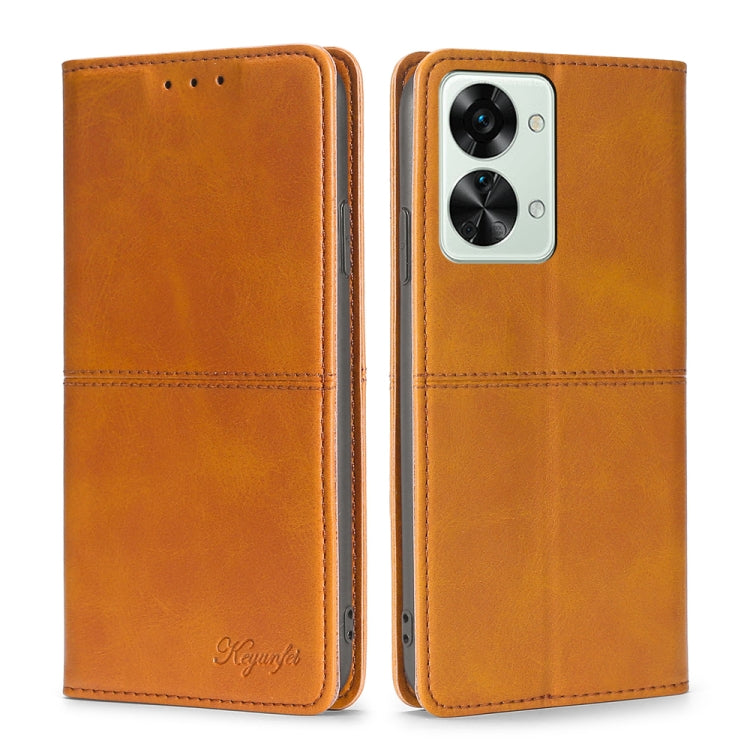 Magnetic flip leather phone case in tan; front and back with camera cutout