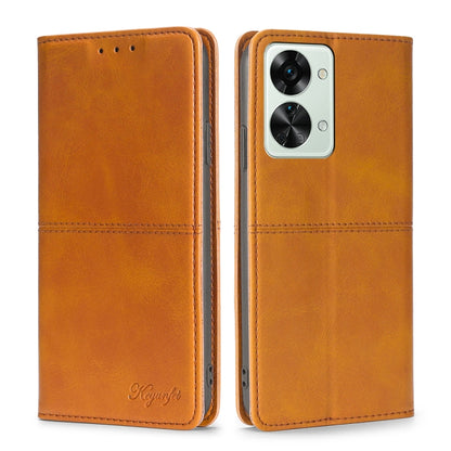 Magnetic flip leather phone case in tan; front and back with camera cutout