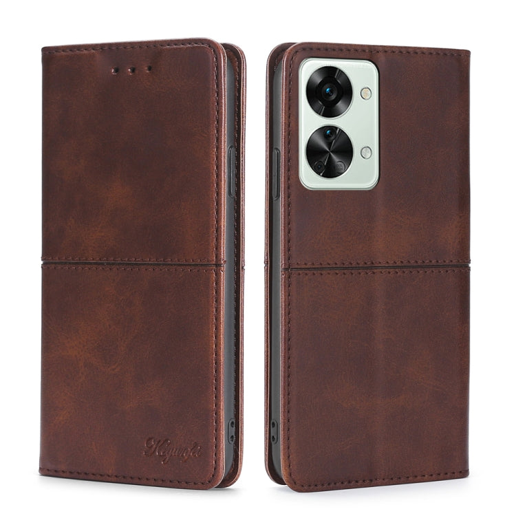 Magnetic flip leather phone case in dark brown; front and back with camera cutout