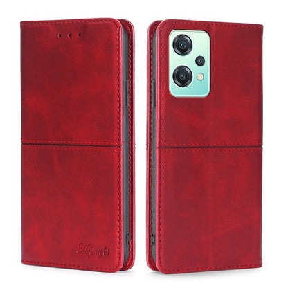 Magnetic flip leather phone case in red; front and back with camera cutout