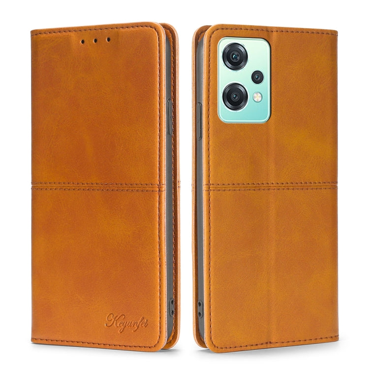 Magnetic flip leather phone case in tan; side view showing flip cover and seams