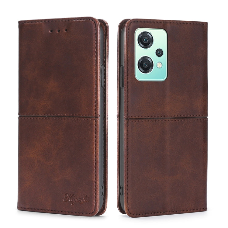 Magnetic flip leather phone case in dark brown; side view with camera cutout