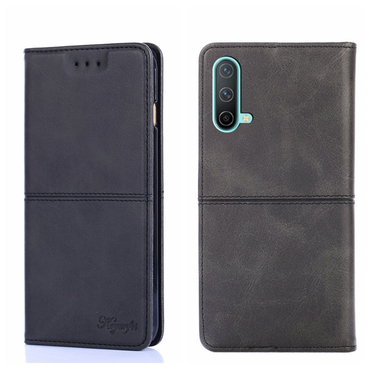 Magnetic flip leather phone case in black; front and back view with camera cutout