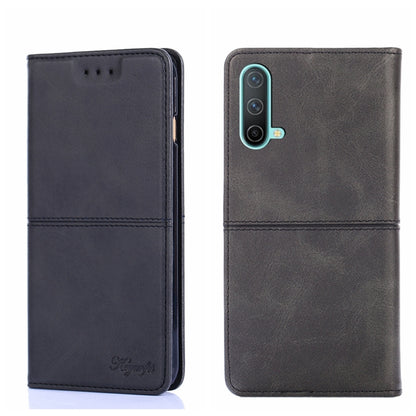 Magnetic flip leather phone case in black; front and back view with camera cutout